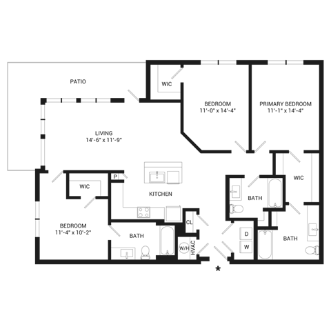 Floor plan for 3 beds, 3 baths, 1461 sqft